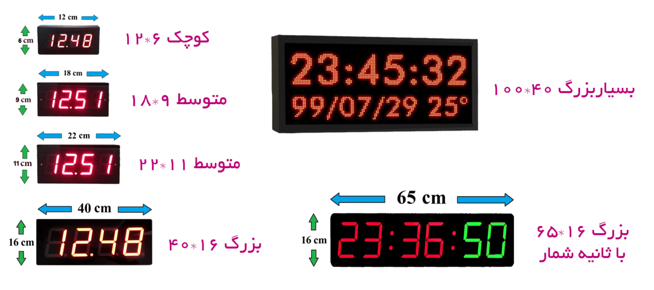 اندازه ی ساعت های دیجیتال دیواری